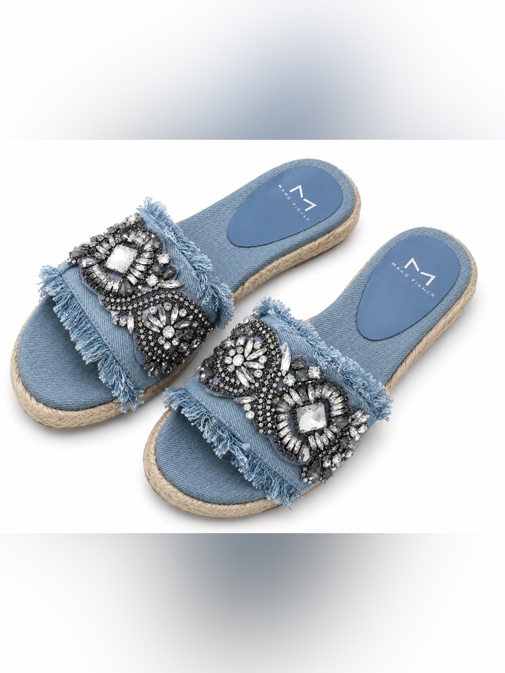 Marc Fisher Light Blue Denim Jeweled Slide Mules CT